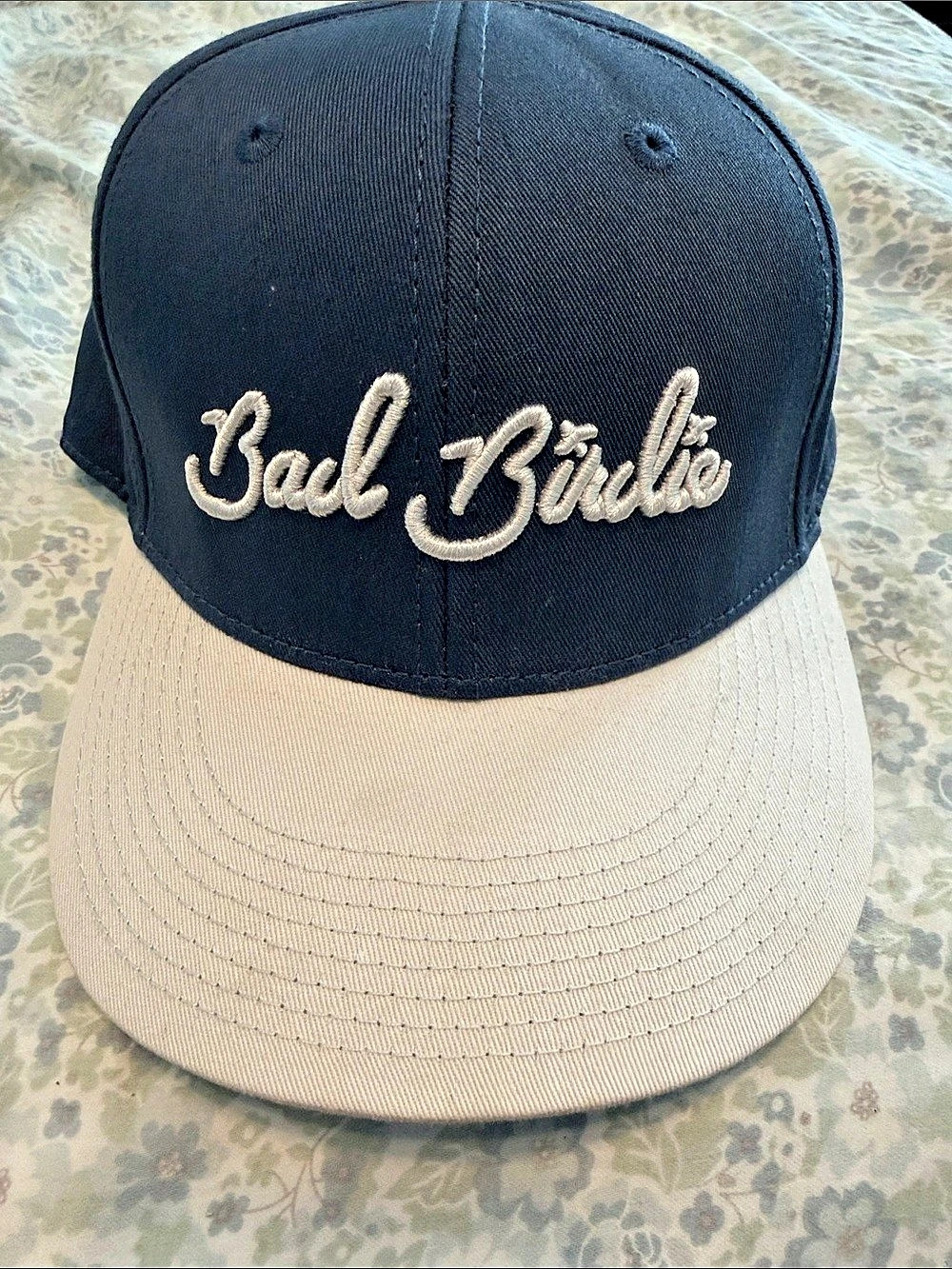 Bad Birdie Script Snapback Hat Blue & Beige